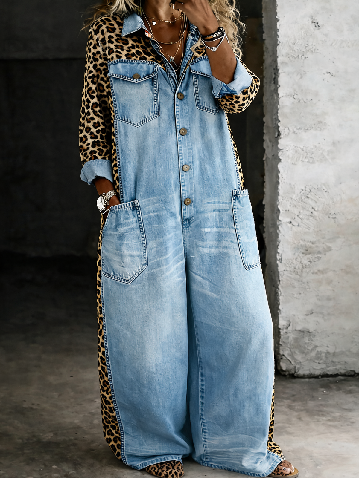 Leontine - Leopard Contrast Wide-Leg Denim Jumpsuit