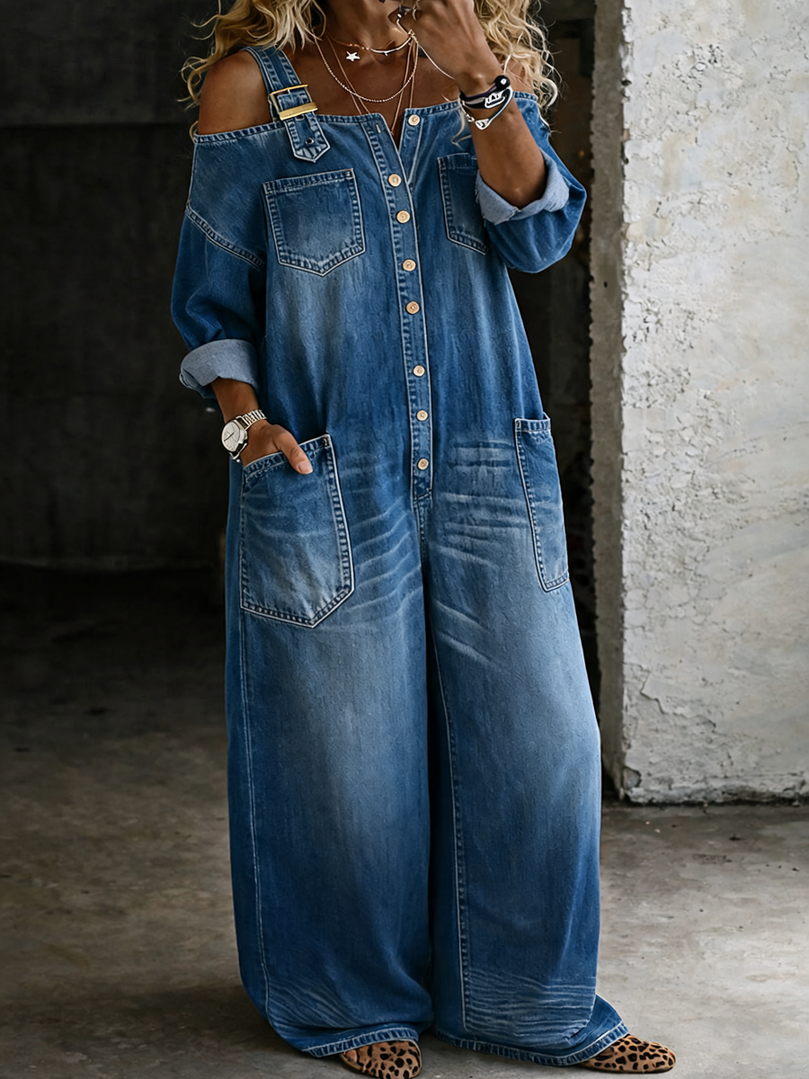 Harlow - Relaxed Wide Leg Denim Jumpsuit