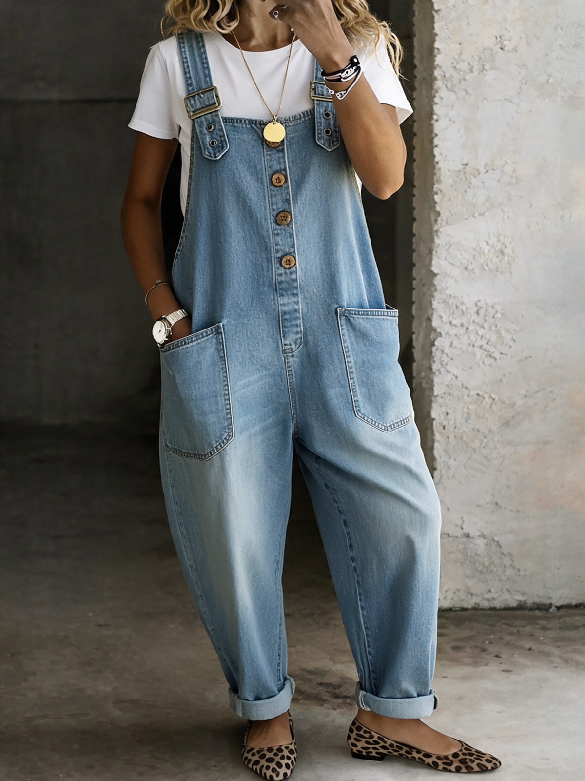 Everly - Relaxed Button Front Denim Overalls