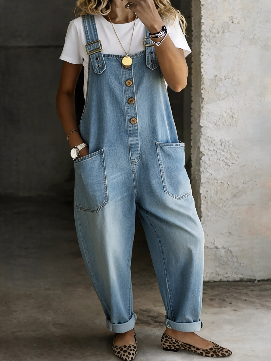 Everly - Relaxed Button Front Denim Overalls