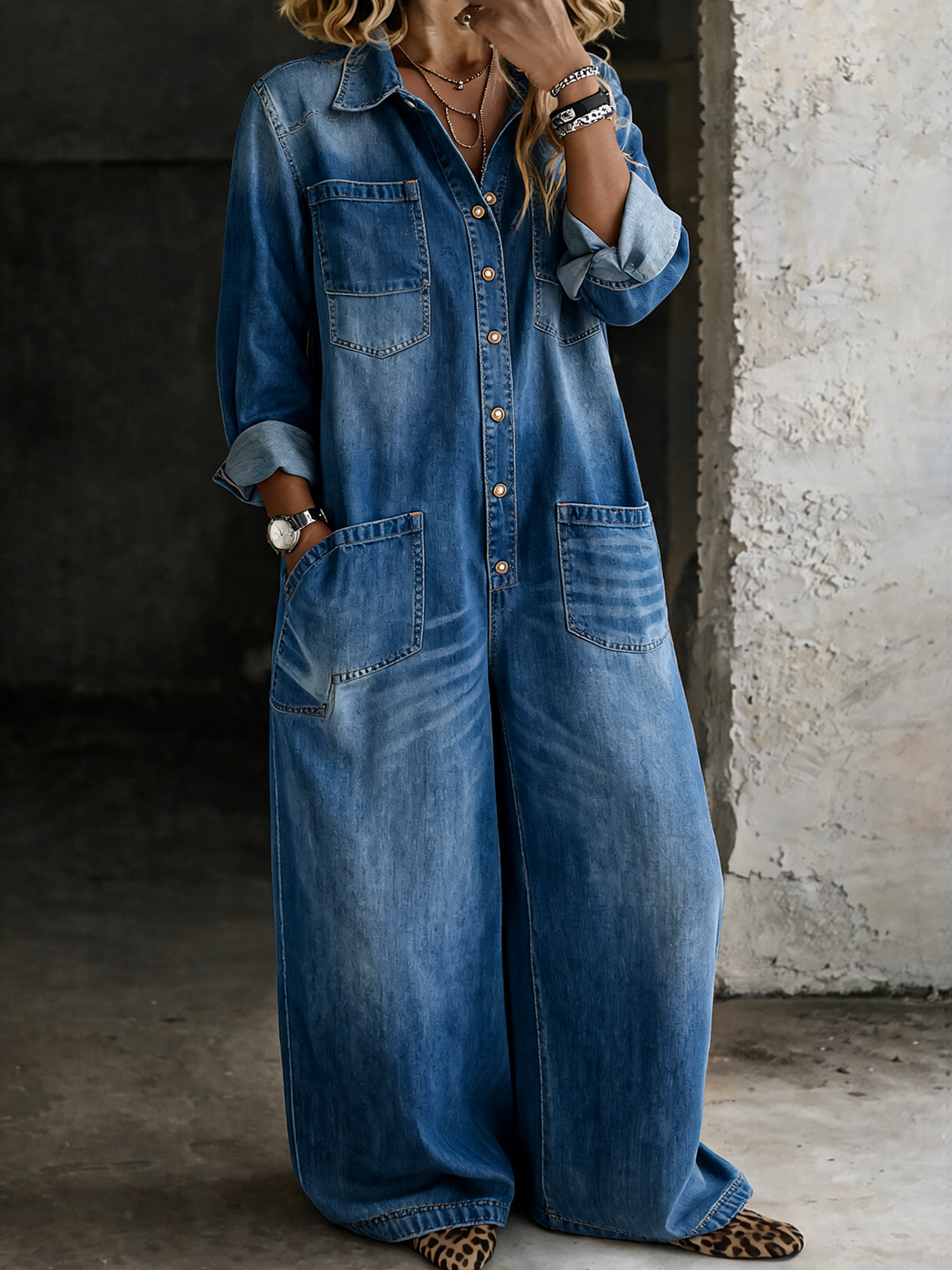 Monroe - Relaxed Wide-Leg Utility Denim Jumpsuit