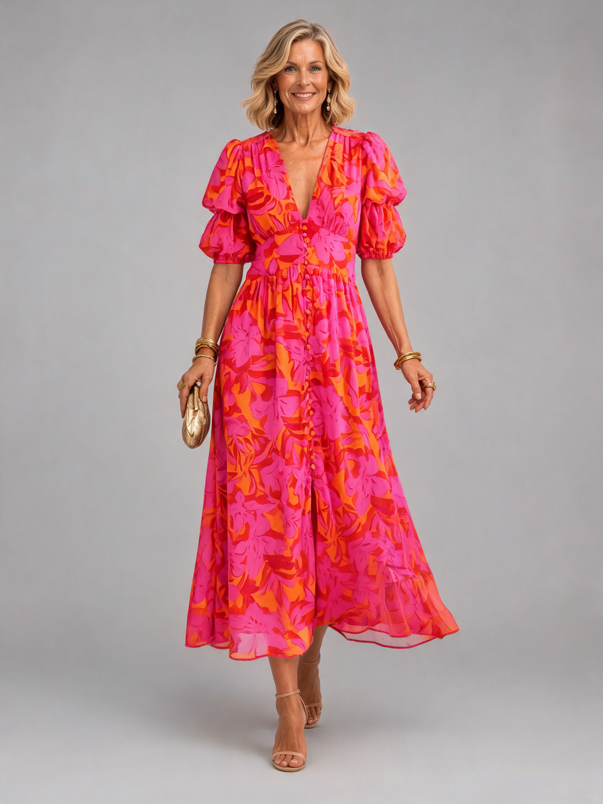 Stella & Grace | Floral V Neck Puff Sleeve Midi Dress