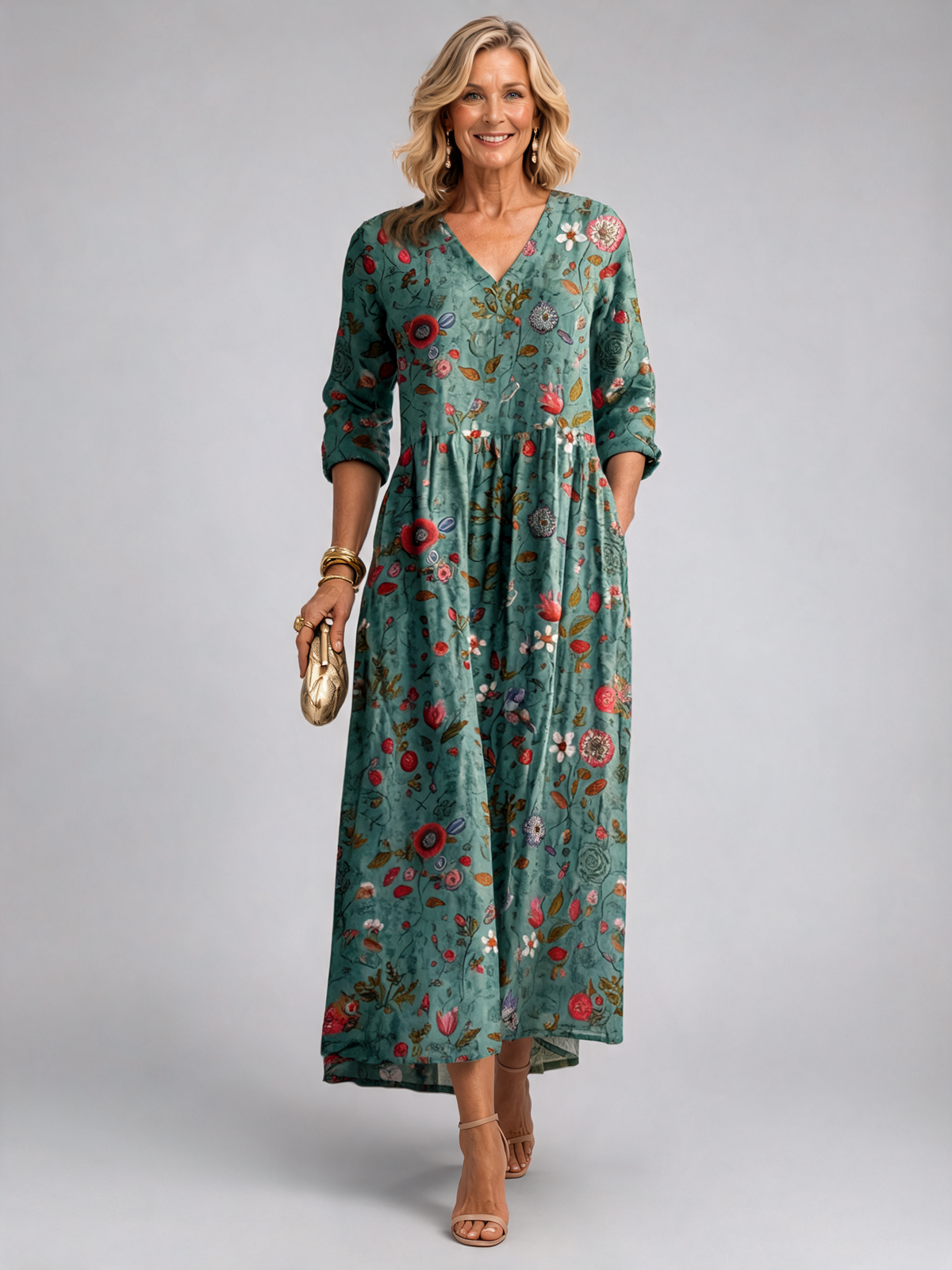 Marina | Floral V Neck Three Quarter Sleeve Maxi Dress