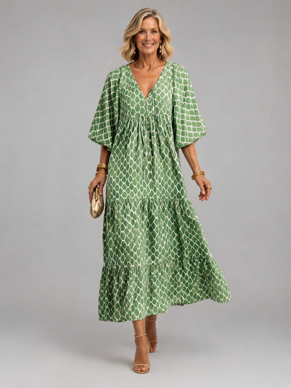 Apolline | Three Quarter Sleeve V Neck Patterned Midi Dress