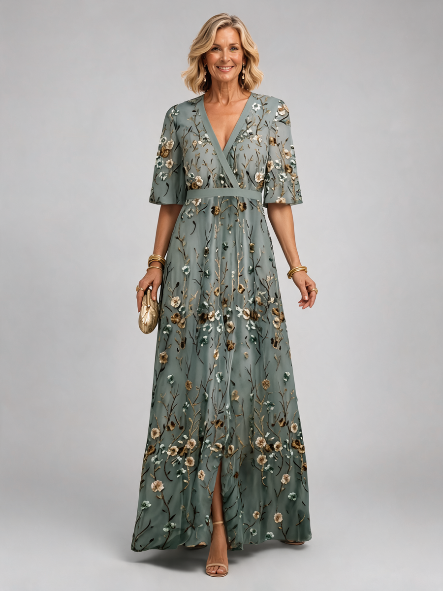 Evadne | Floral V Neck Short Sleeve Maxi Dress