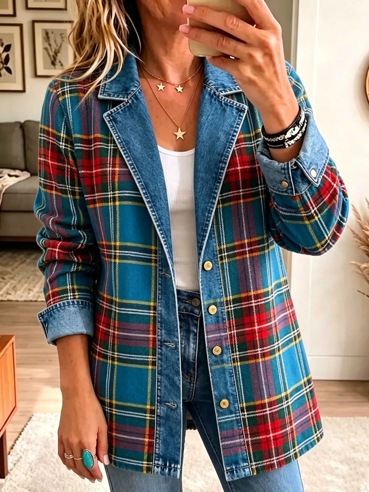 Grace | Tartan Plaid Denim Blazer