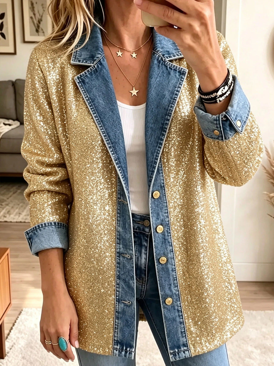 Sophia | Gold Glitter Denim Jacket