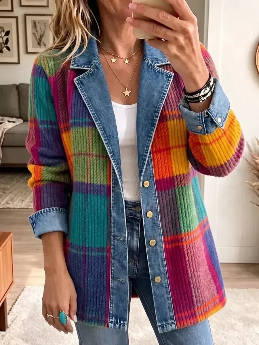 Emma | Patchwork Plaid Denim Jacket