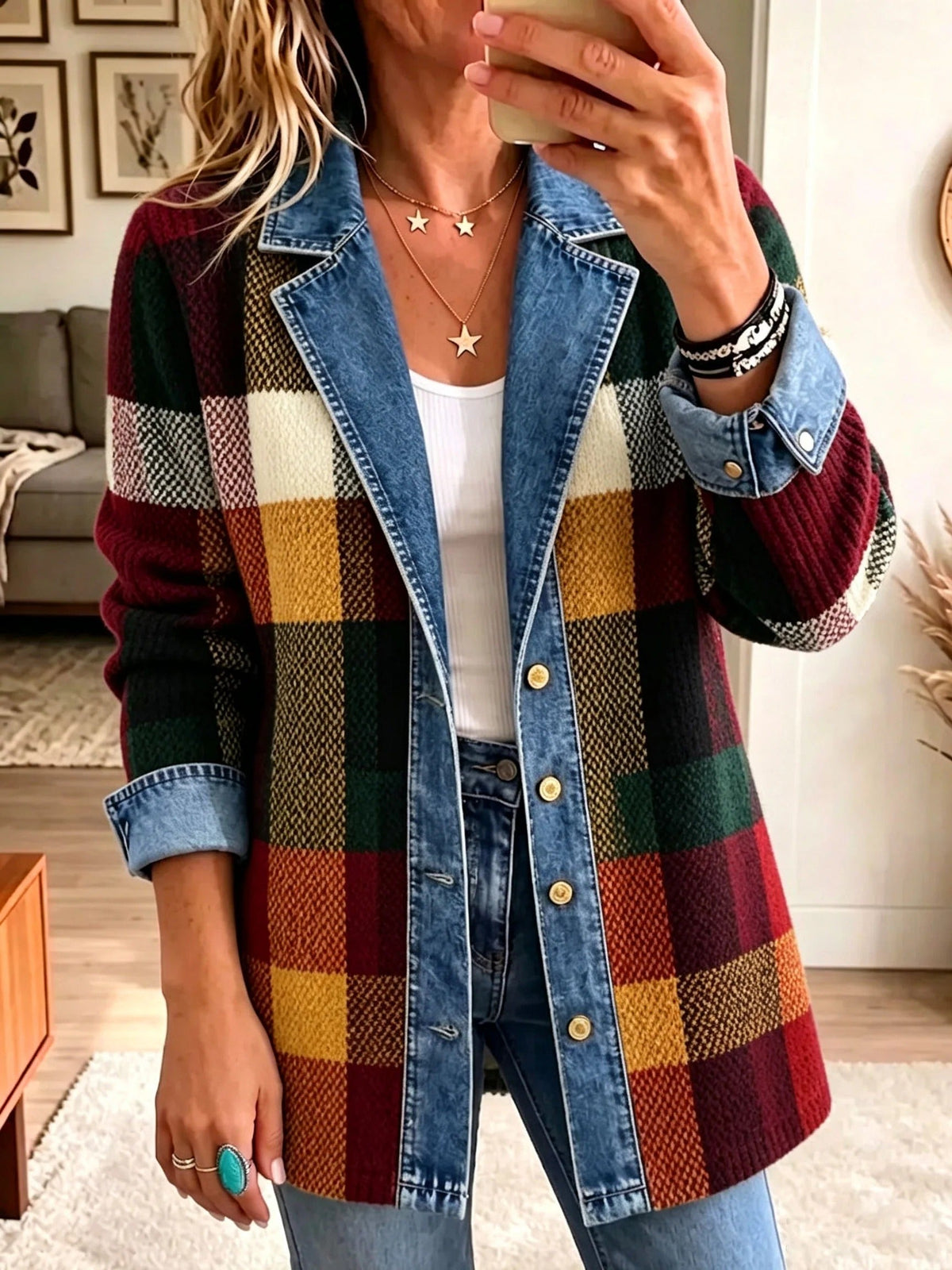 Isabella | Color Block Plaid Denim Jacket