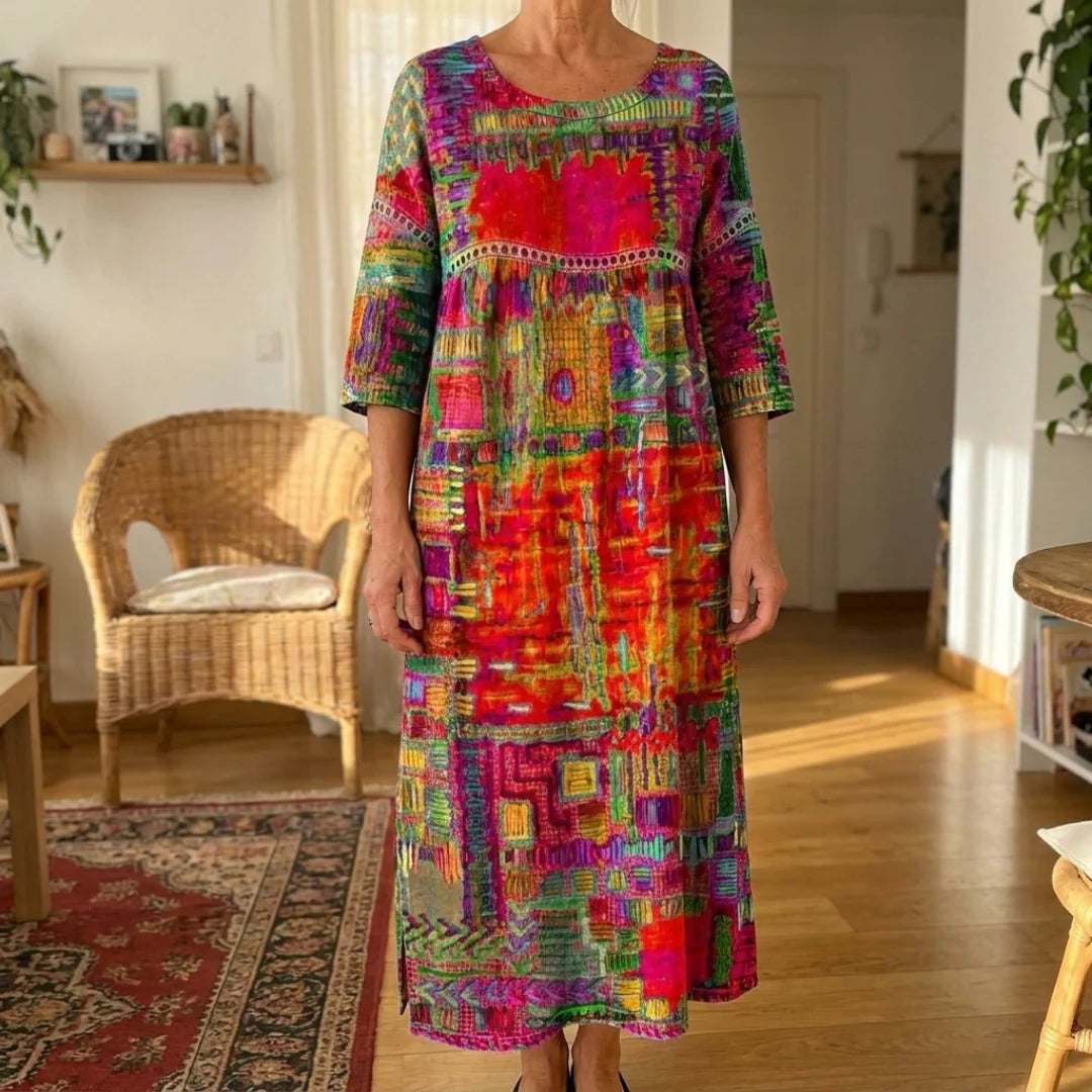 The Alina dress full length in the living room, morning light