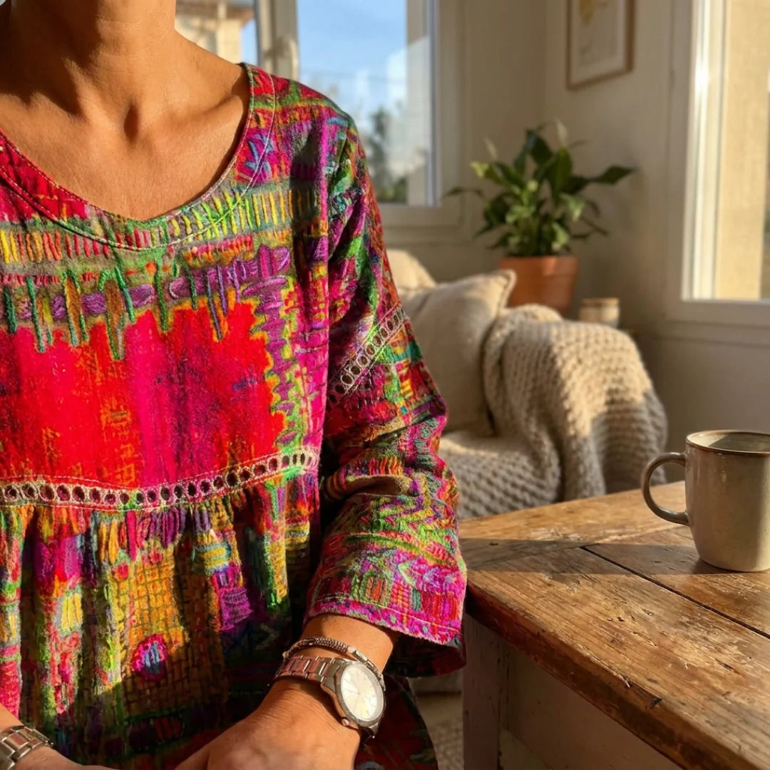 Close-up of the eyelet crochet trim at the yoke and sleeve of the Alina