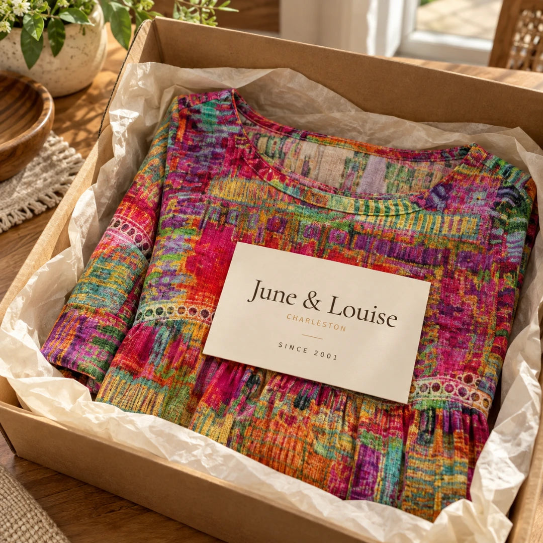 The Alina dress arriving in its June & Louise kraft box, folded in tissue with the Charleston card