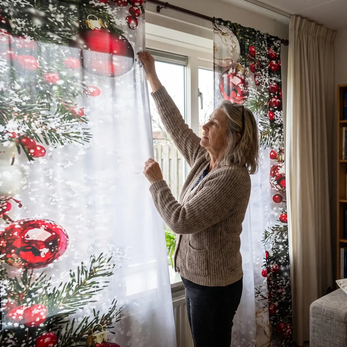 Woman straightening one of the Aurelinneva Christmas curtain panels at the window, no ladder