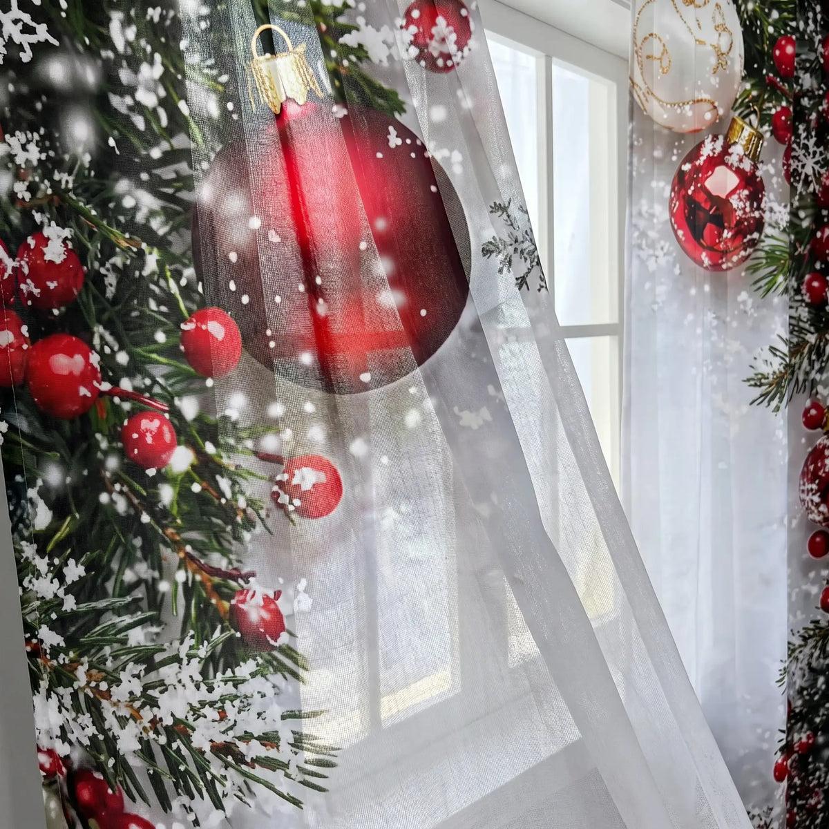 Close-up of the printed ornament and pine border on the sheer voile, with daylight coming through