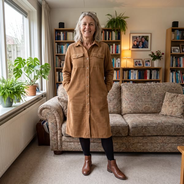 Woman in the Averlina ribbed midi dress with black tights and brown ankle boots, hands in the pockets, in her living room