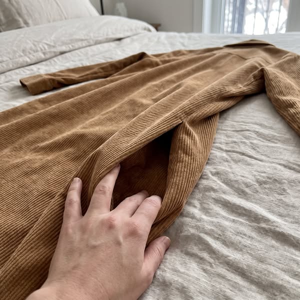 A hand reaching into the hidden side pocket of the Averlina dress, laid on a bed