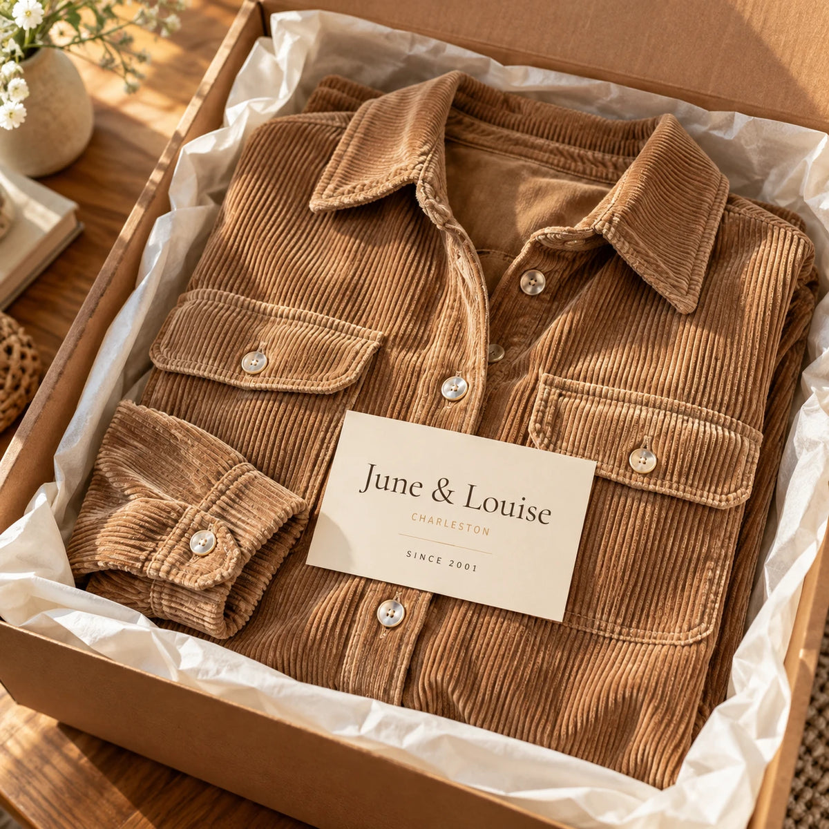 The Averlina dress arriving in its June & Louise kraft box, folded in tissue with the Charleston card