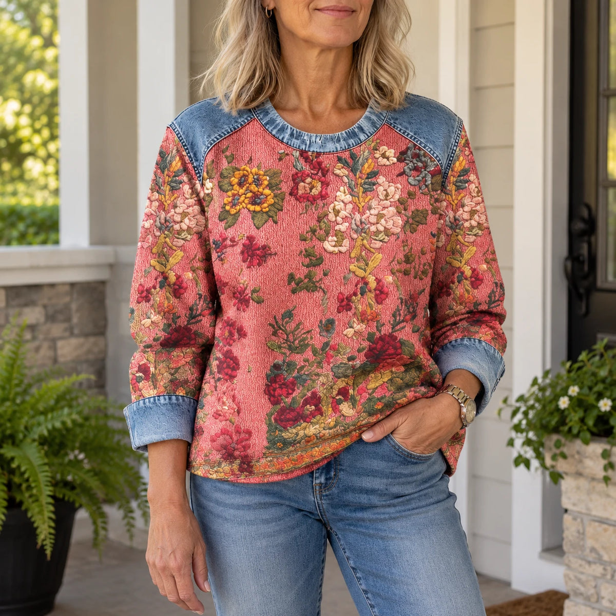 Charlene Floral Contrast Trim Sweatshirt worn with jeans on the porch
