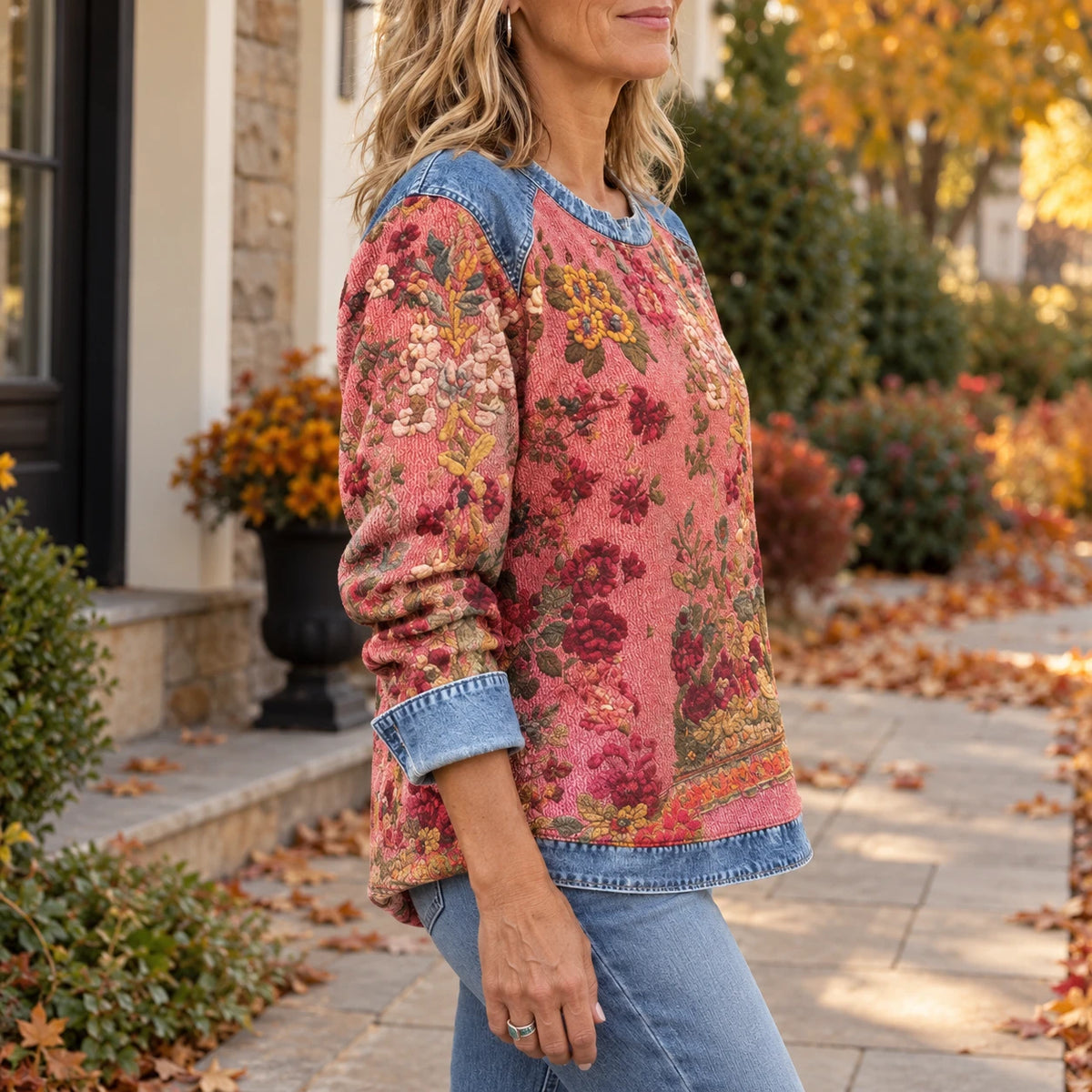 Charlene sweatshirt from the side, print and denim yoke, in the autumn garden
