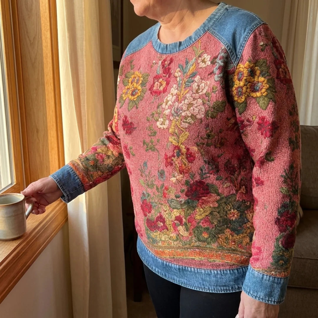 Charlene sweatshirt worn by the window with a mug, arms covered