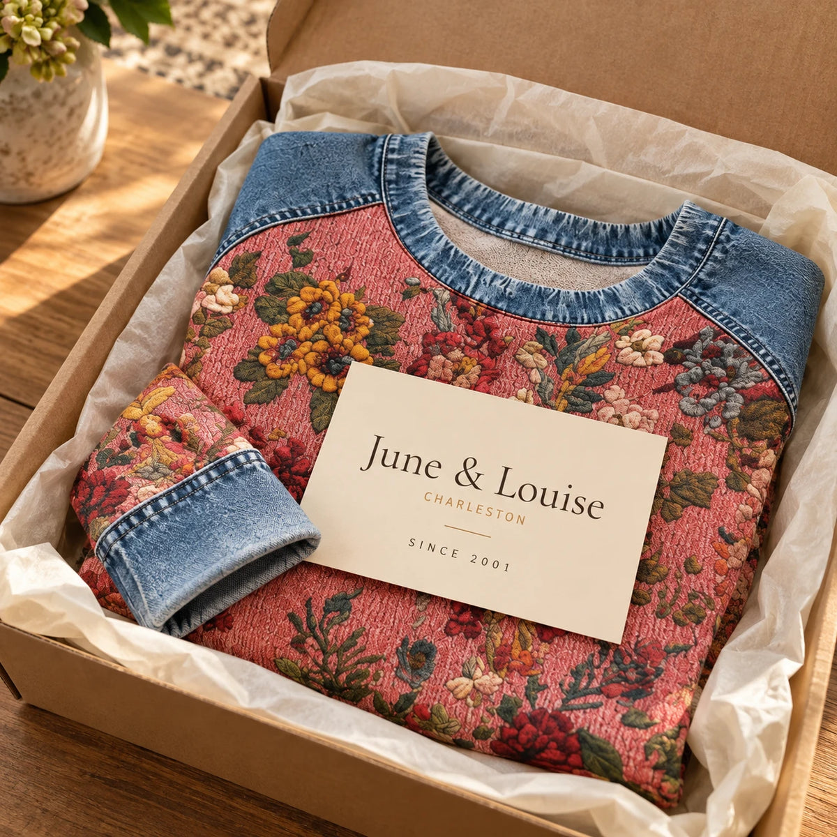 The Charlene arriving in its June & Louise kraft box with the Charleston card