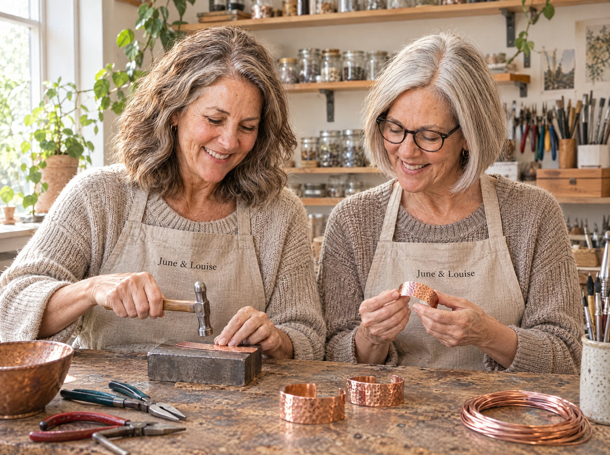 June & Louise making copper jewelry by hand