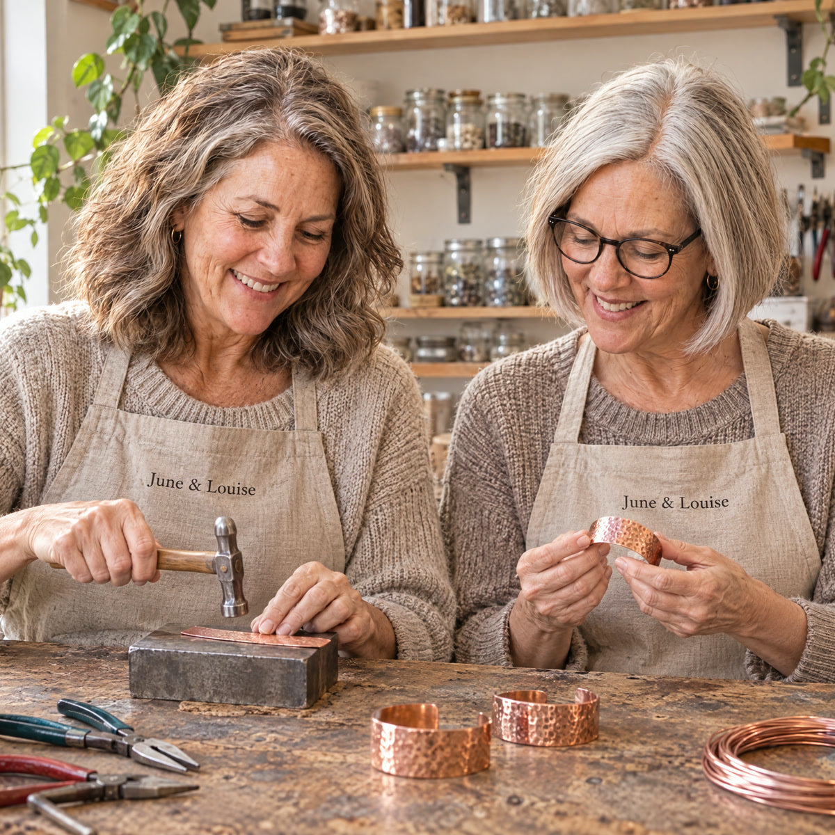 June & Louise at the workbench