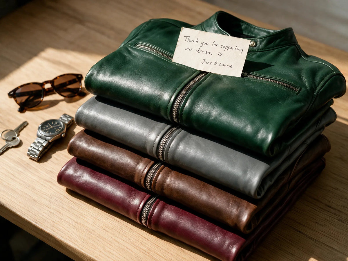 Four David biker jackets folded in a stack on a wooden table, green on top, then gray, brown and burgundy, with a handwritten thank-you card.
