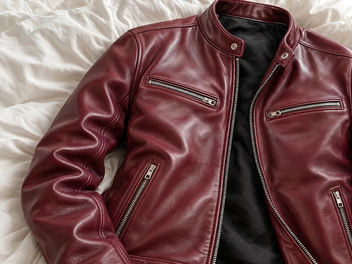 The burgundy David jacket lying open on white bedding, showing the stand-up collar with snap tab, two chest zip pockets and a side zip pocket.