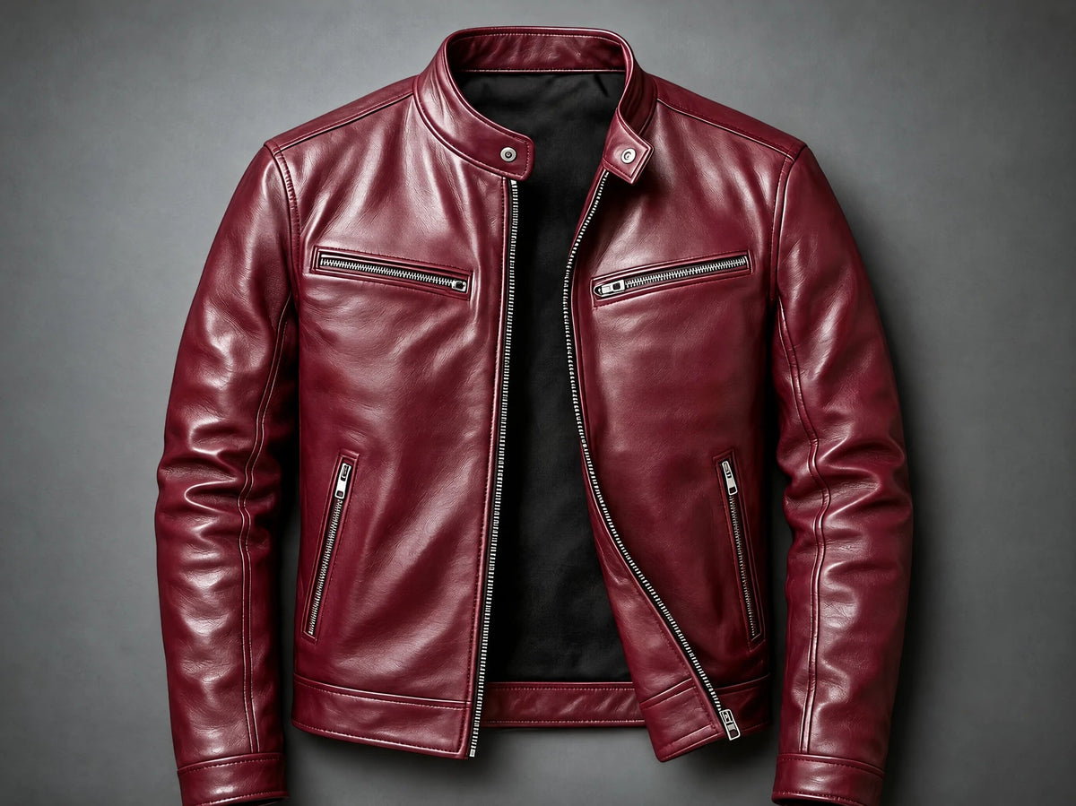 The burgundy David jacket seen from the front, half unzipped, against a gray backdrop.