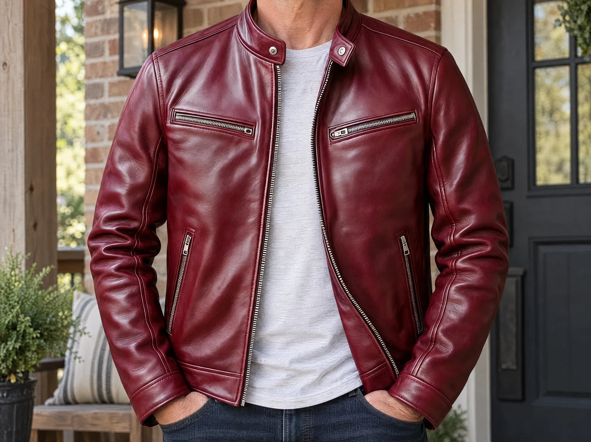 A man on a front porch wearing the burgundy David jacket open over a white T-shirt and dark jeans, hands in his pockets.