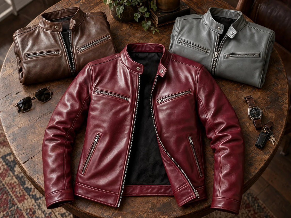 The burgundy David jacket laid open on a round wooden table with a brown one and a gray one folded beside it.
