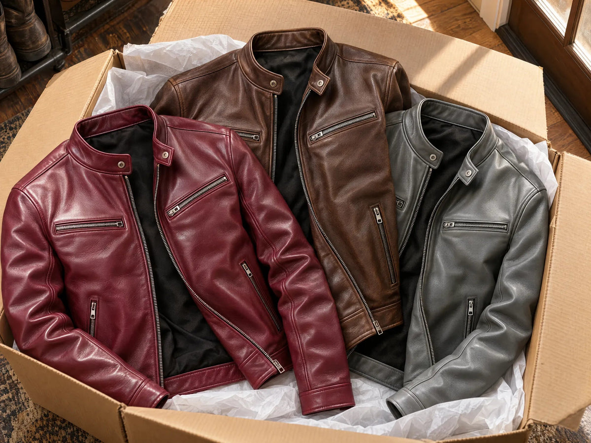Three David jackets in burgundy, brown and gray on tissue paper in an open shipping box.