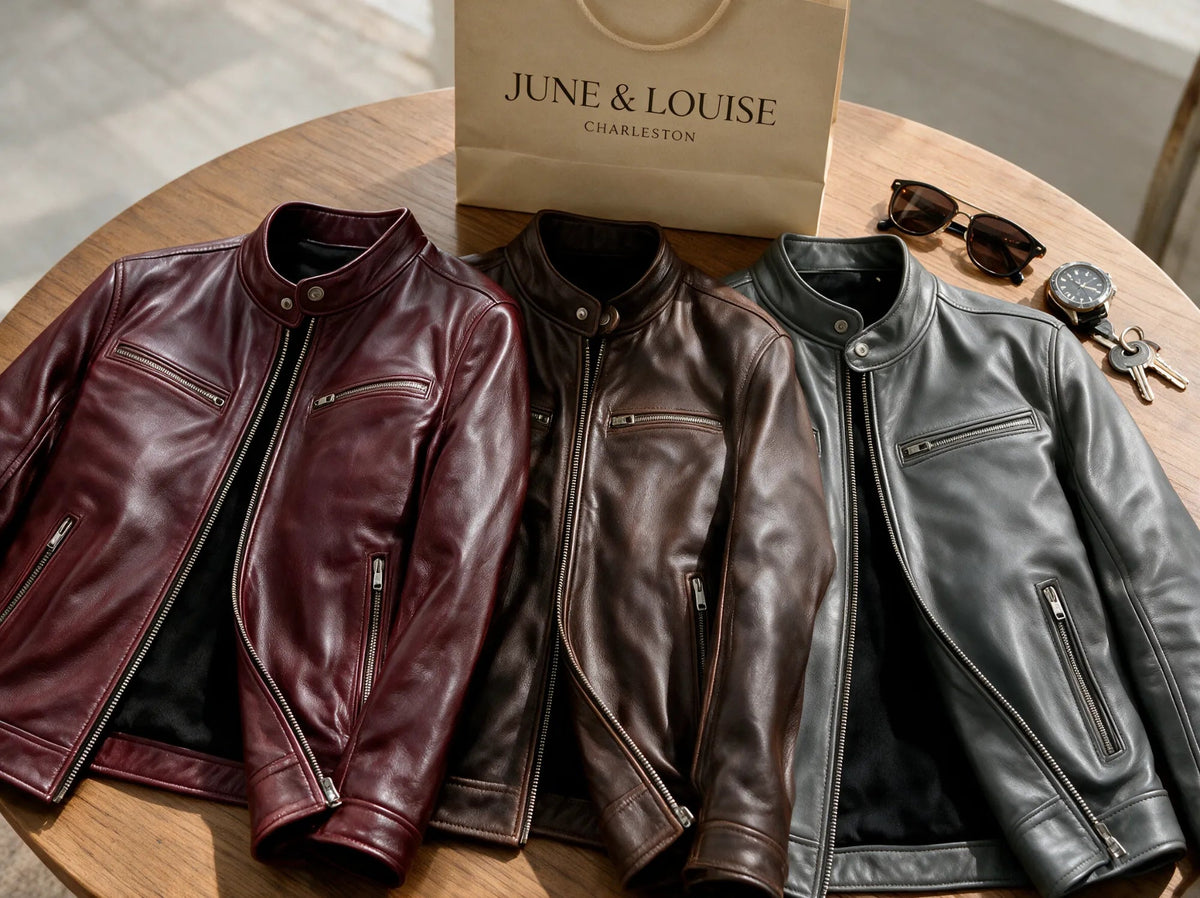 Three David jackets in burgundy, brown and gray on a table in front of a June & Louise Charleston paper bag.
