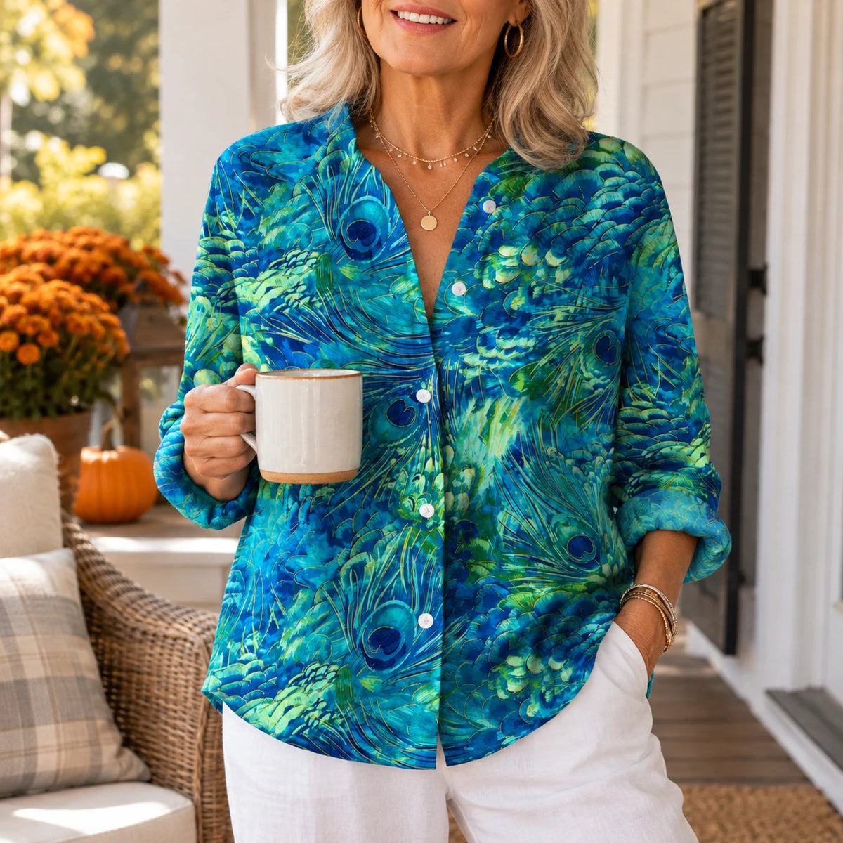 Florina Grace Blouse in peacock print, morning coffee on the porch