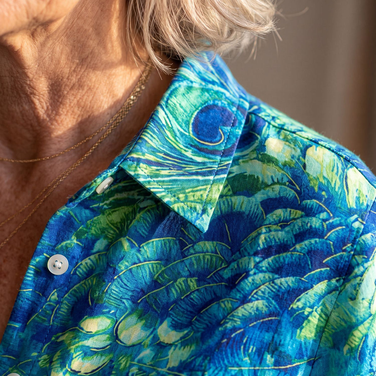 Close-up of the open collar of the Florina Grace Blouse