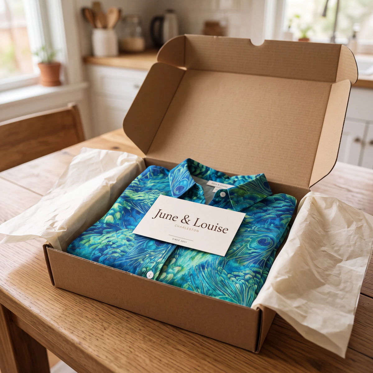 The Florina Grace Blouse arriving in its June & Louise kraft box with the Charleston card