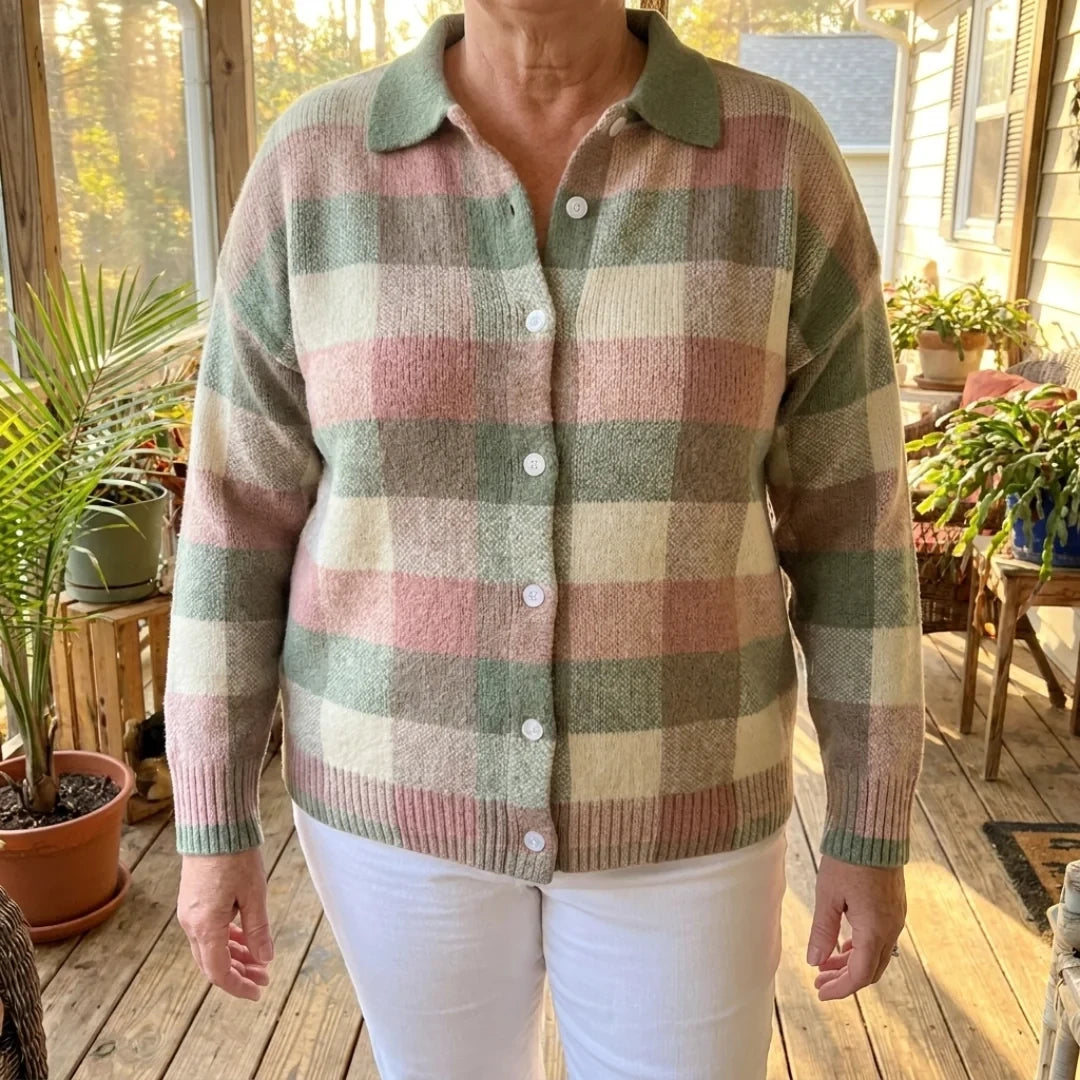 The Grace pastel plaid cardigan worn buttoned on a sunny porch