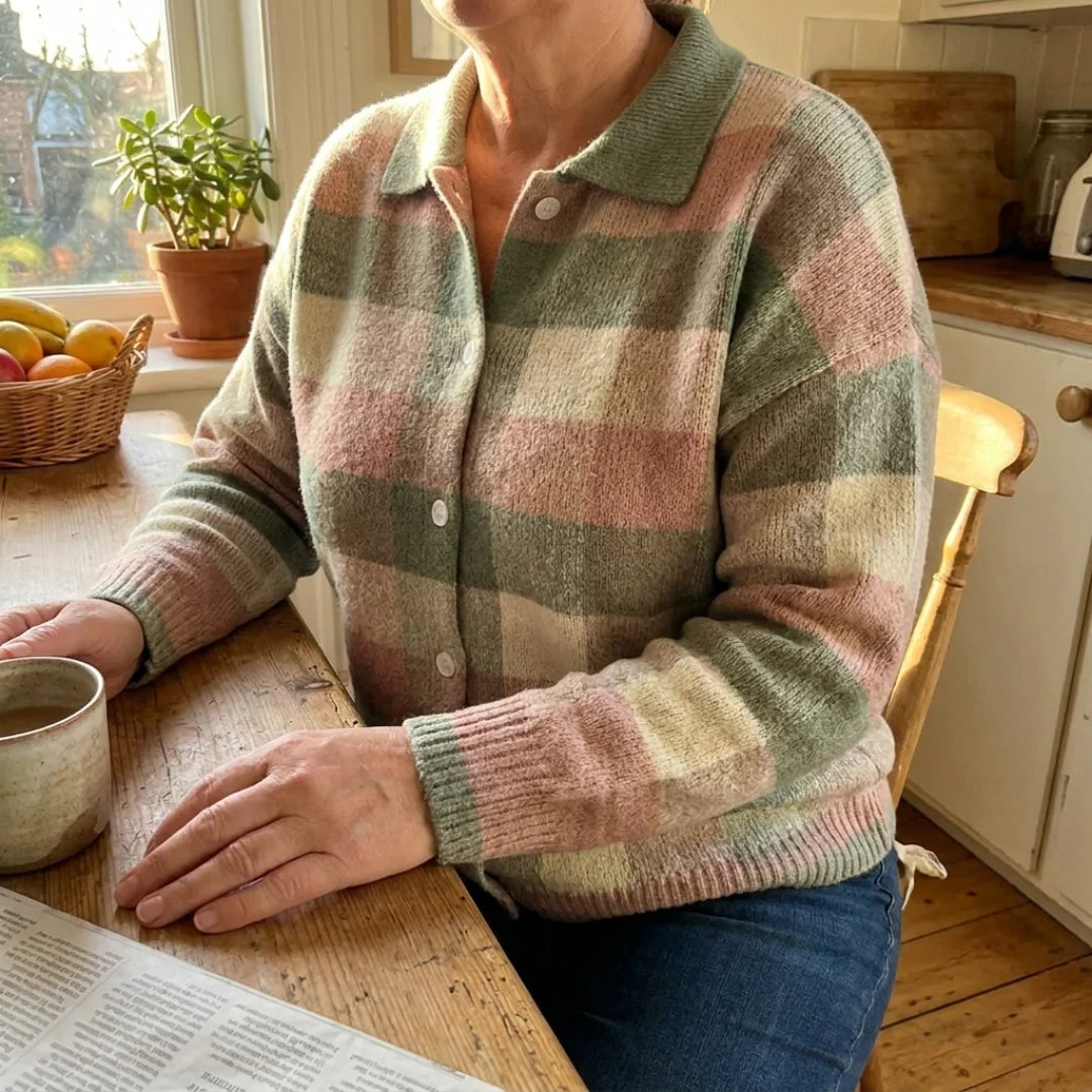 The Grace cardigan at the kitchen table with a cup of coffee
