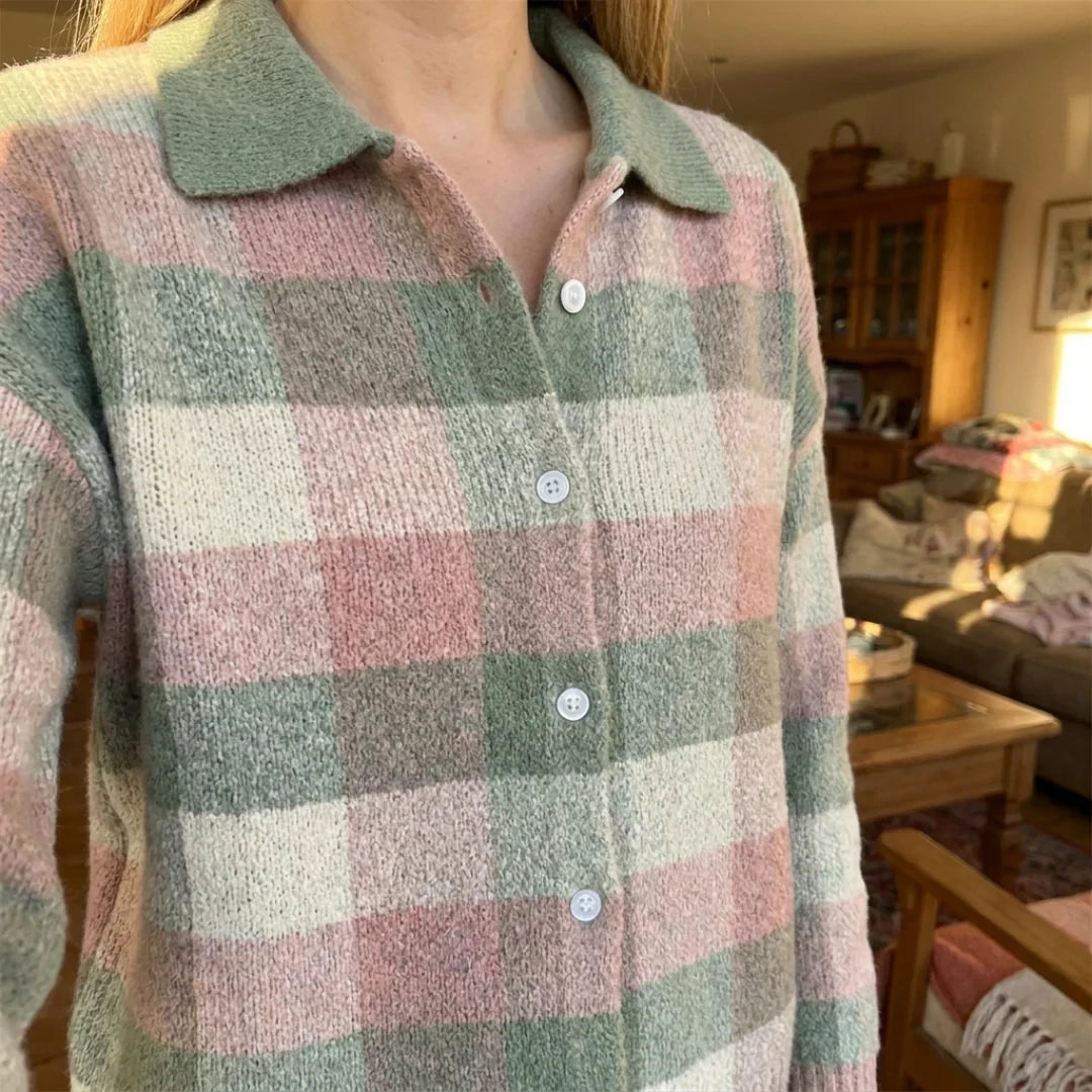 Close-up of the button placket and collar of the Grace cardigan