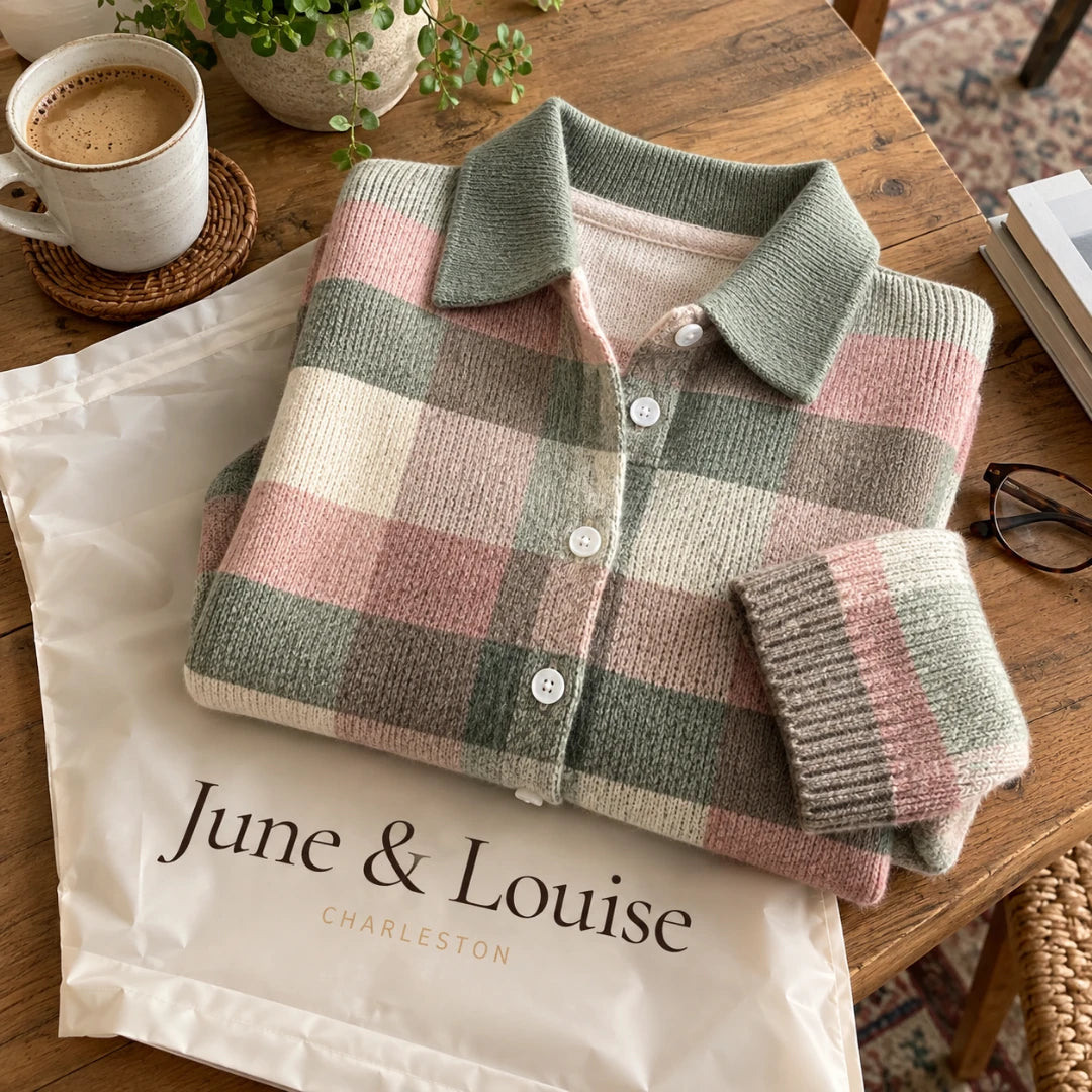 The Grace cardigan folded on its June & Louise Charleston bag, with coffee