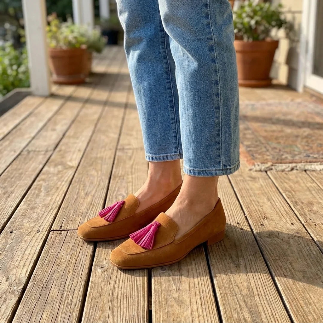Isadora caramel suede tassel loafers worn with cropped jeans on the porch