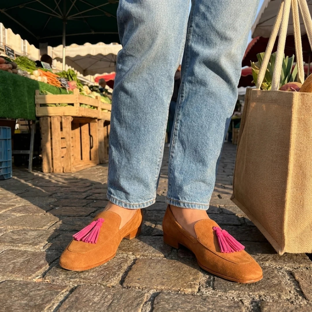Isadora loafers at the market with jeans and a tote bag