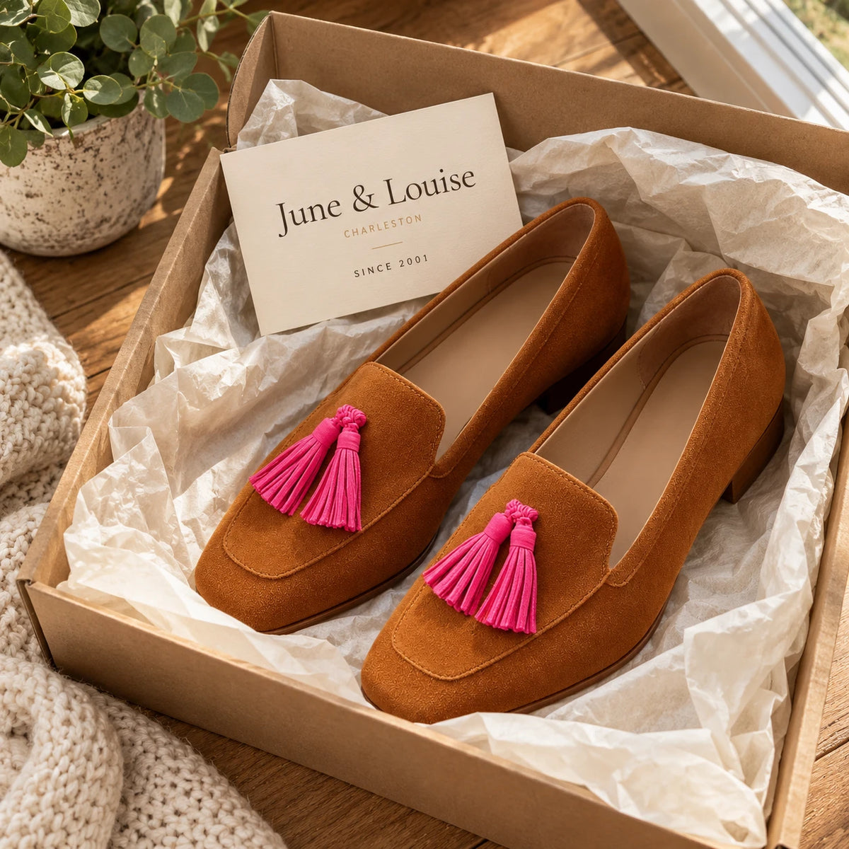 The Isadora loafers arriving in their June & Louise kraft box with the Charleston card