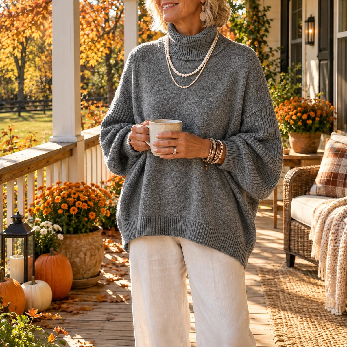 Kathleen Elegant Turtleneck Sweater in Gray, morning coffee on the porch