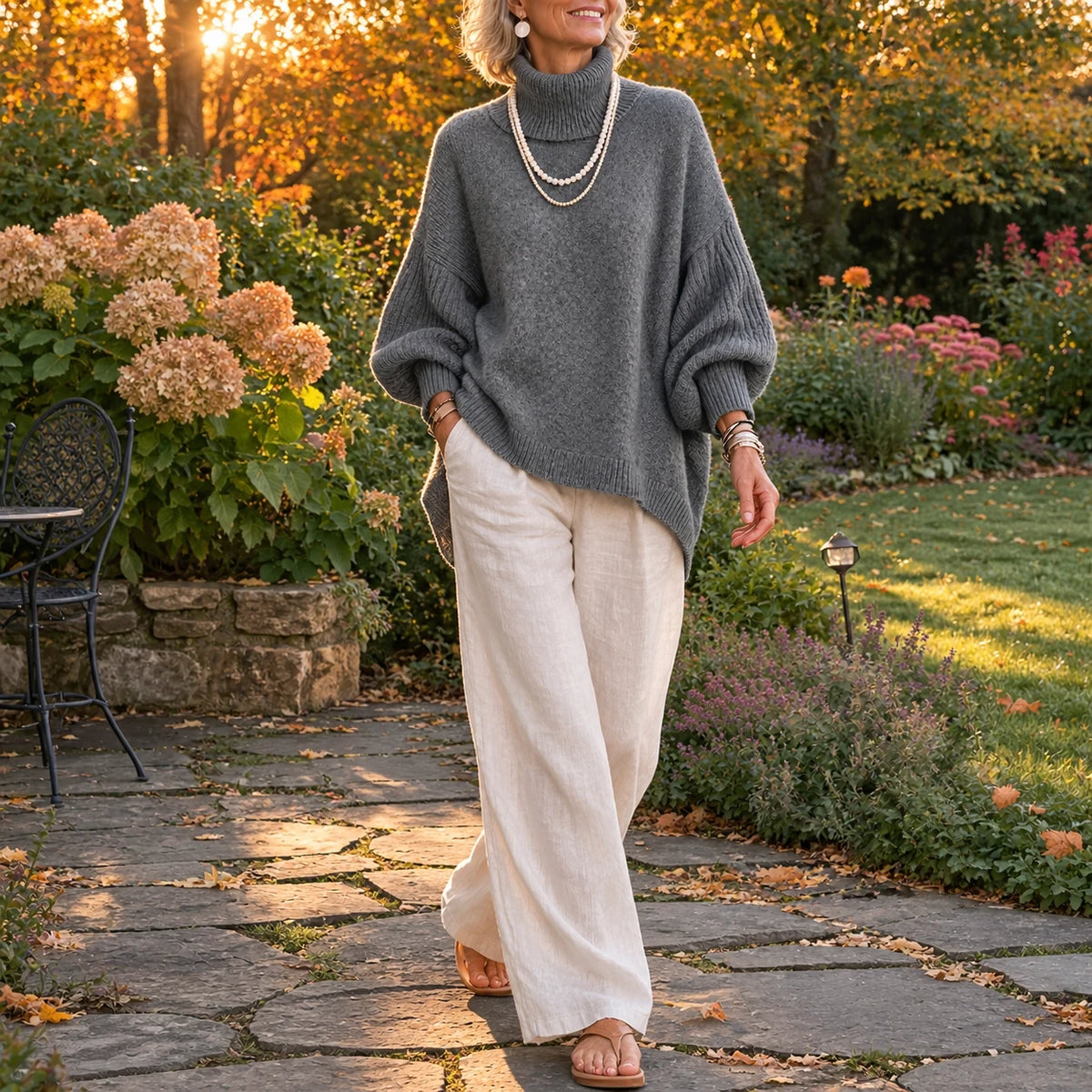 Kathleen in Gray, full length in the garden