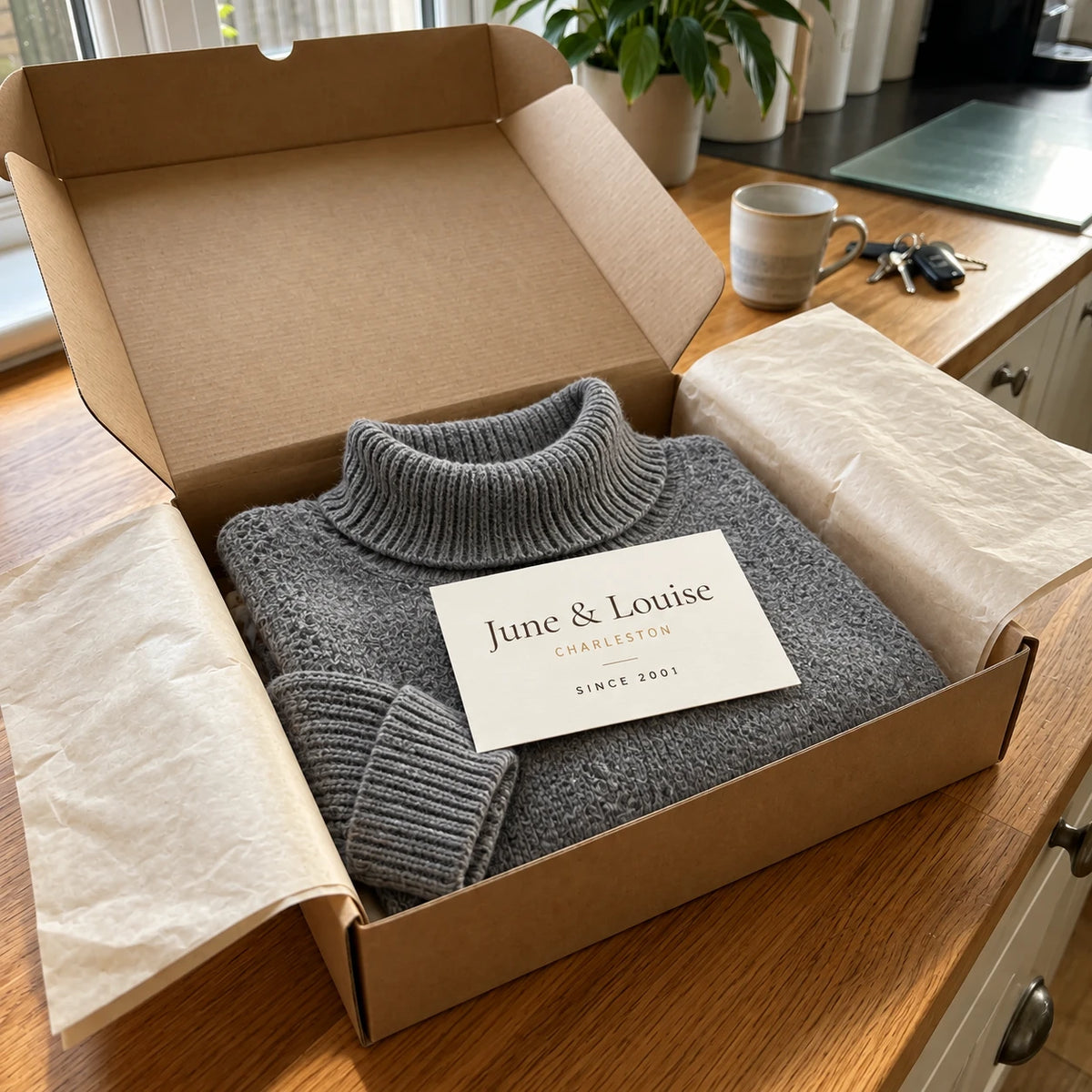 The Kathleen sweater arriving in its June & Louise box