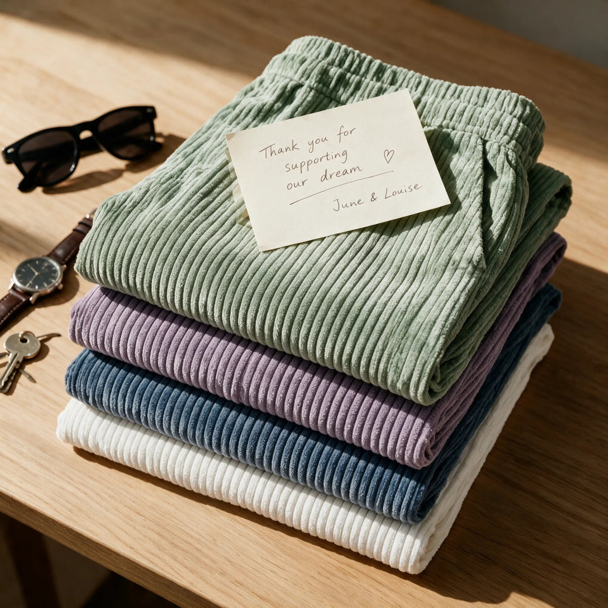 Four pairs of Clark corduroy pants folded in a stack on a wooden table, light green on top, then purple, blue and white, with a handwritten thank-you card.