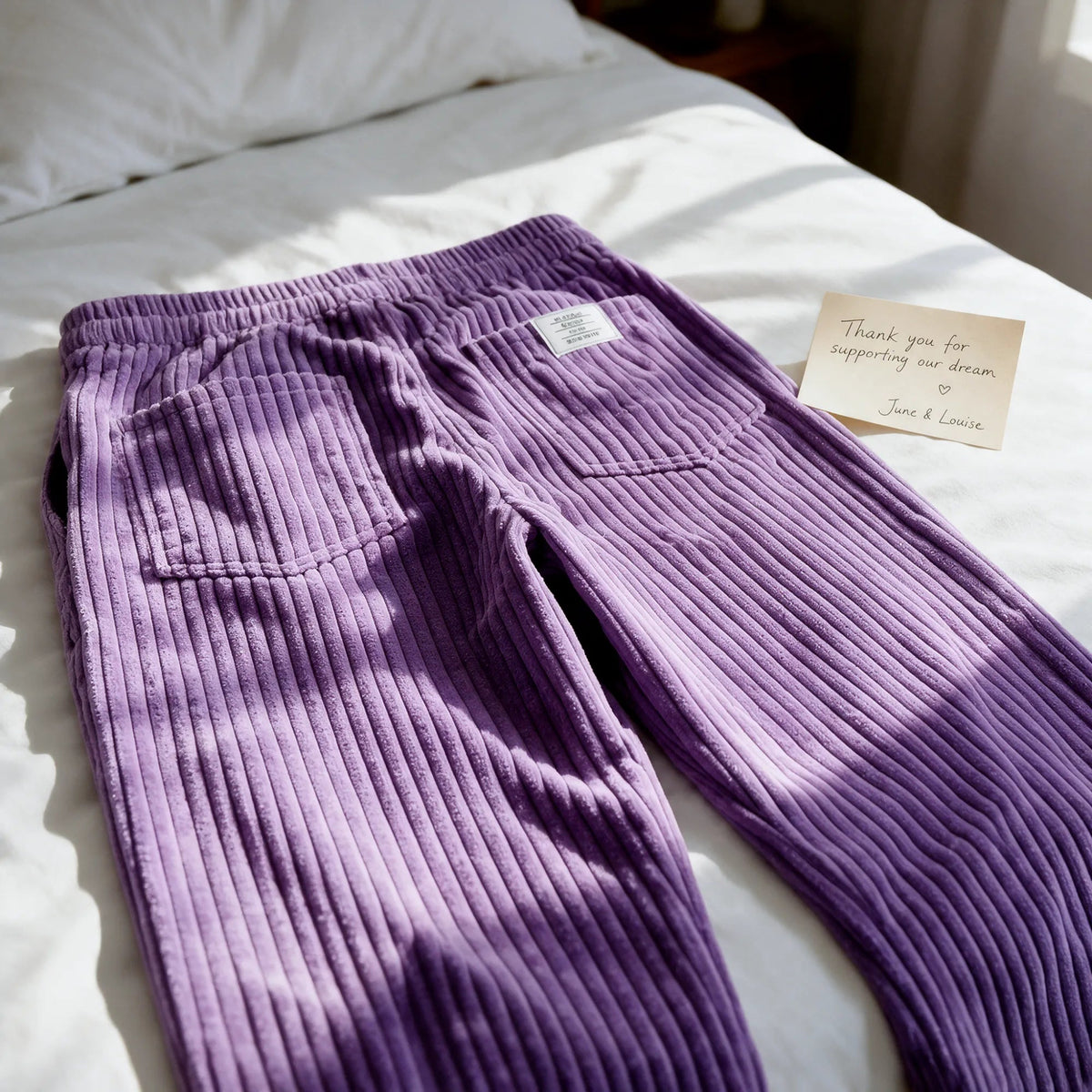 The Clark pants in purple laid on a white bed, seen from the back, showing the elastic waist, the two back pockets and the ribbed corduroy texture.