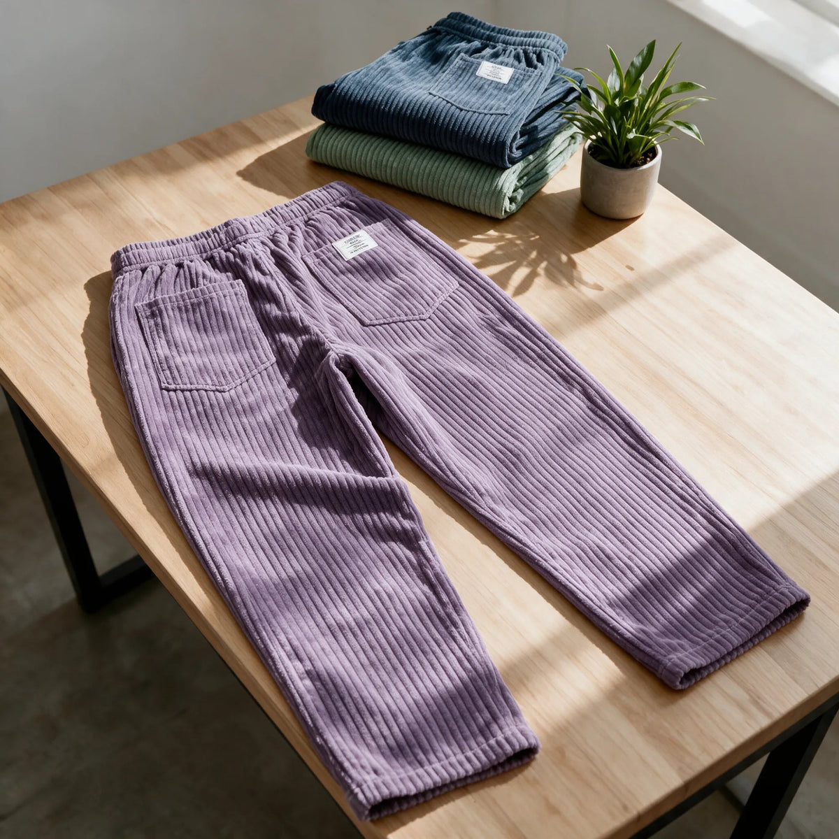 The Clark pants in purple laid flat on a wooden table, with a blue pair and a green pair folded behind them.